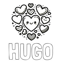 Online Created Coloring Page - HUGO Coloring Page and Coloring Page of a Cute Cat Surrounded by Hearts