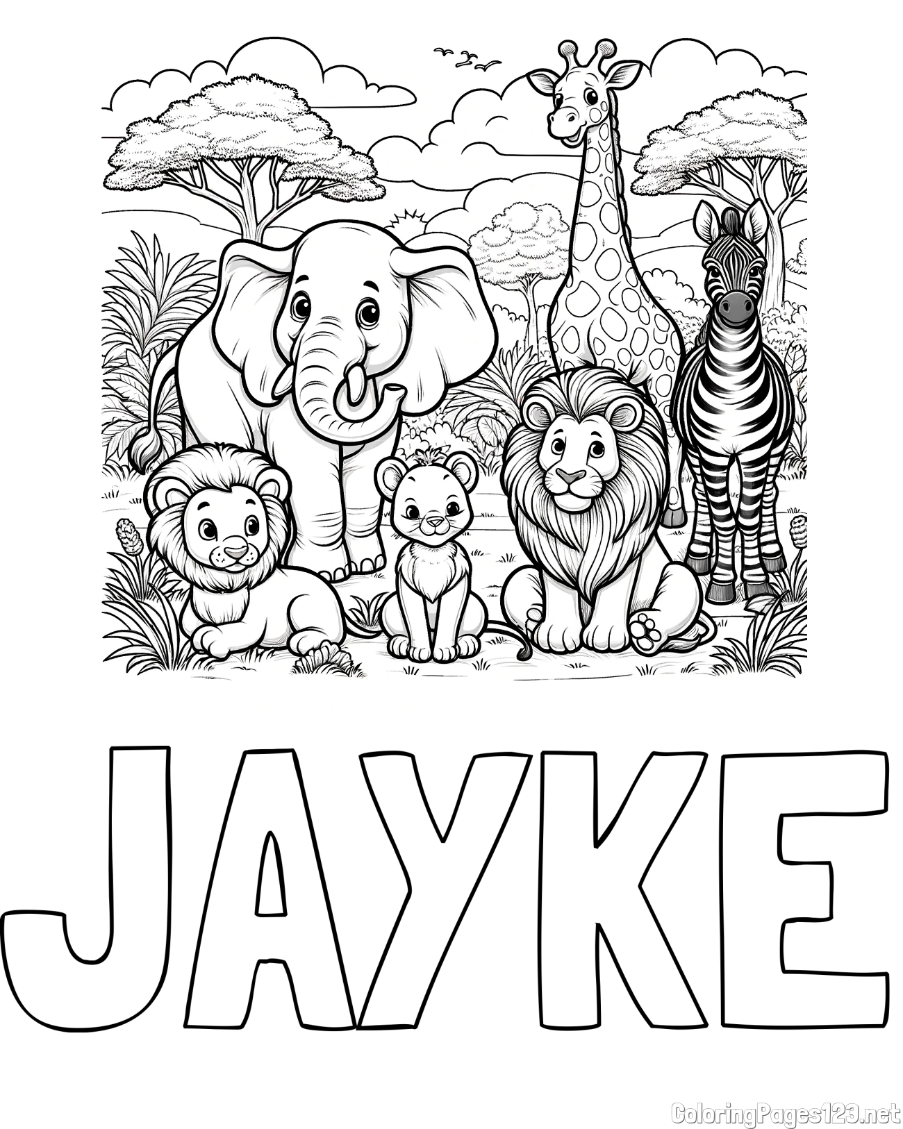 JAYKE Coloring Page and Beautiful Animal Coloring Page - Lion Family, Elephant, Giraffe, and Zebra