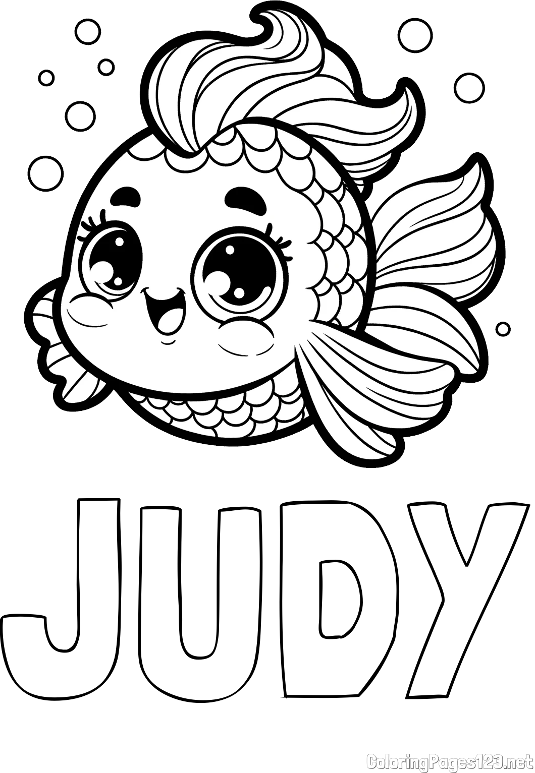 JUDY Coloring Page and Coloring Page of a Fish with Lots of Fins