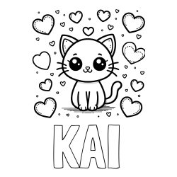 Online Created Coloring Page - KAI Coloring Page and Free Coloring Page of a Cat and Hearts