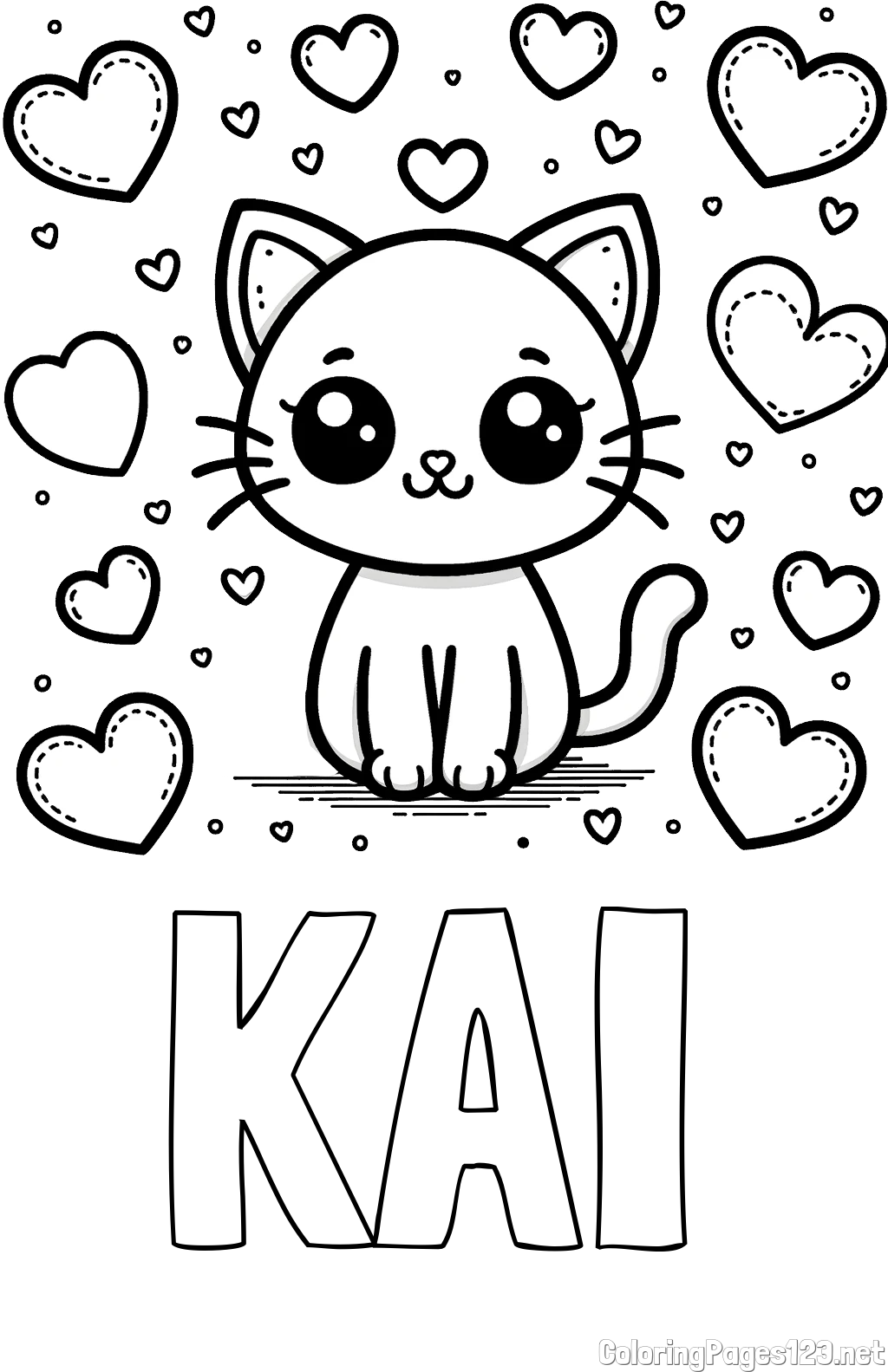KAI Coloring Page and Free Coloring Page of a Cat and Hearts