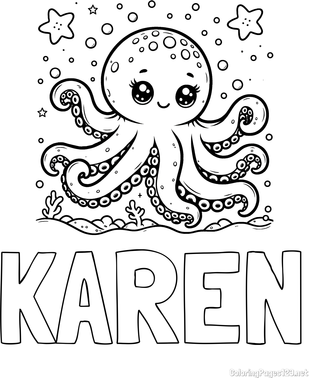 KAREN Coloring Page and Coloring Page of an Octopus in the Sea