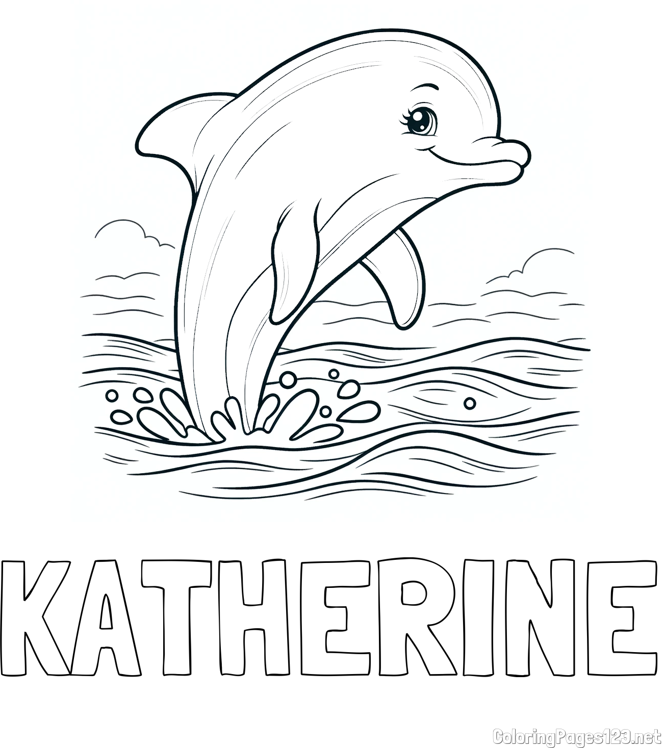 KATHERINE Coloring Page and Coloring Page of a Smiling Dolphin Jumping