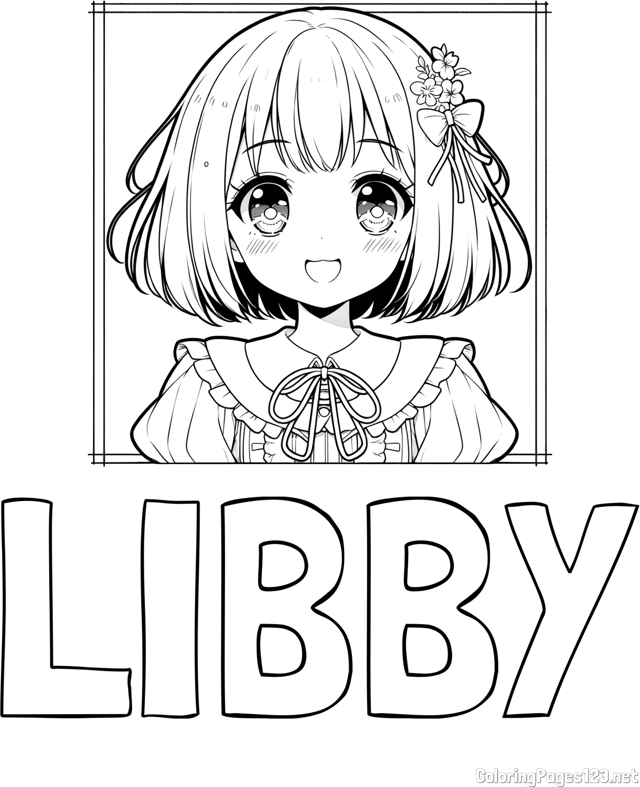 LIBBY Coloring Page and Coloring Page of a Cute an Smiling Anime Girl