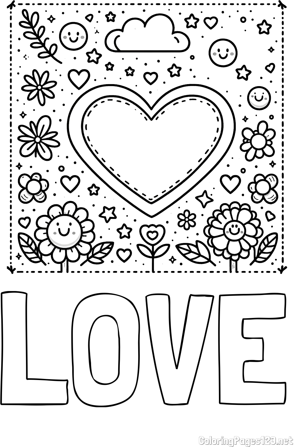 LOVE Coloring Page and Free Printable Coloring Page of Heart and Flowers