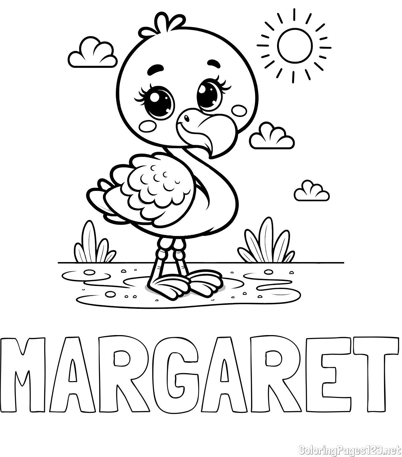 MARGARET Coloring Page and Easy Coloring Page of a Cute Flamingo