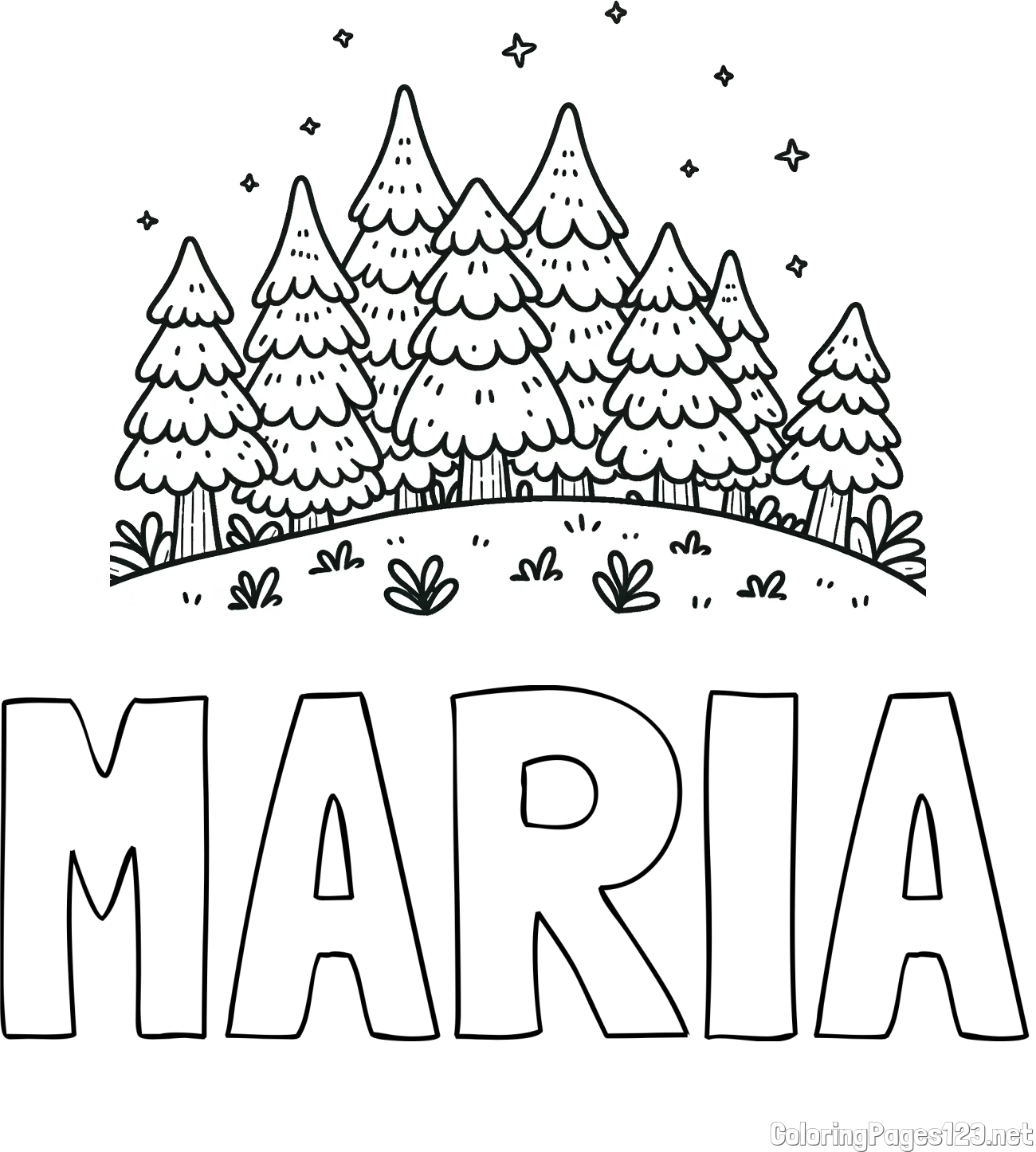 MARIA Coloring Page and Spruce Forest Coloring Page for Kids