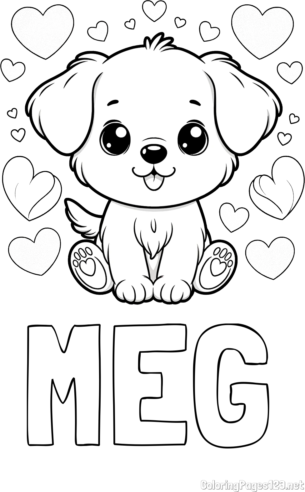 MEG Coloring Page and Coloring Page of a Cute Dog and Hearts