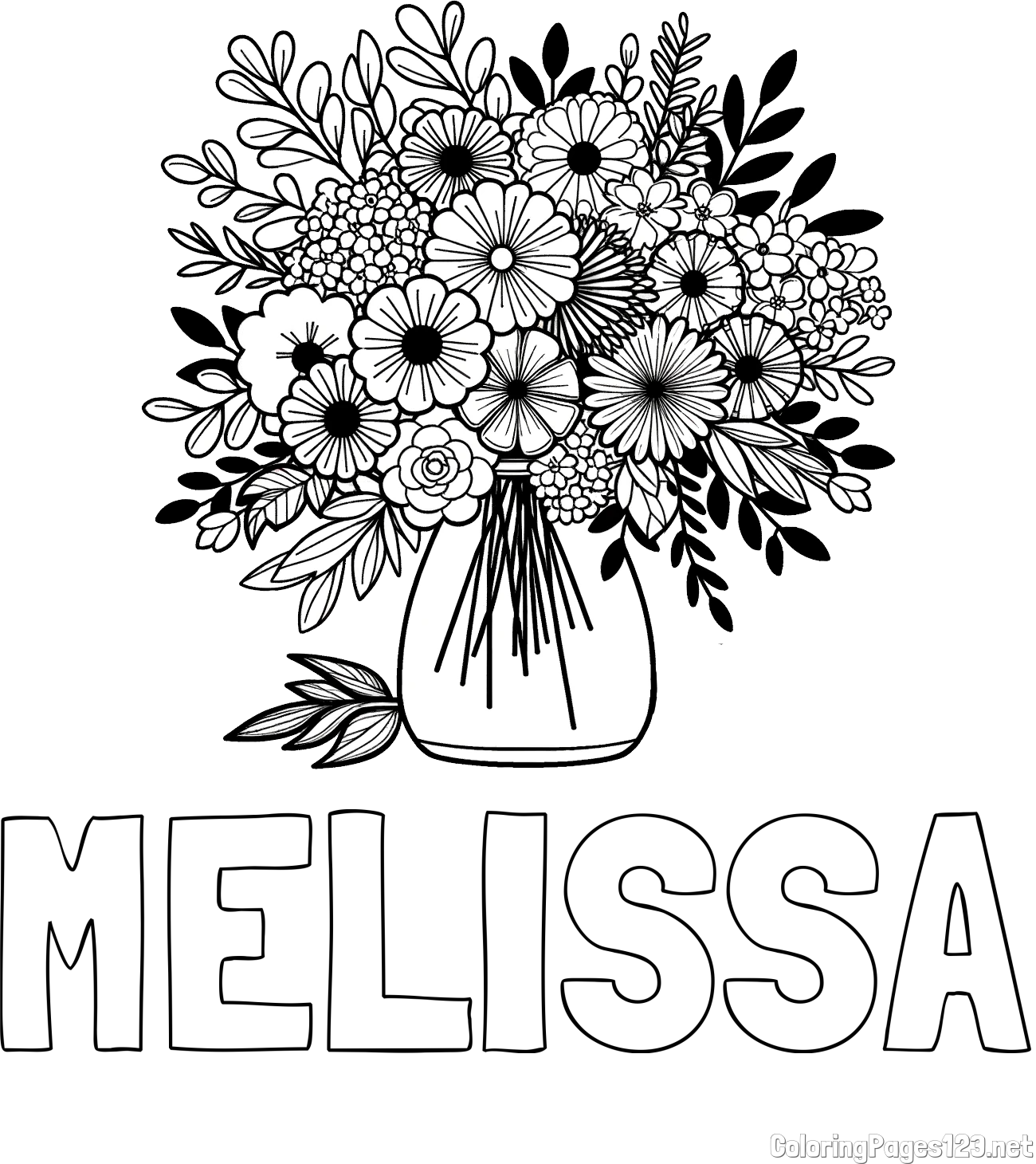 MELISSA Coloring Page and Flower Bouquet Coloring Page