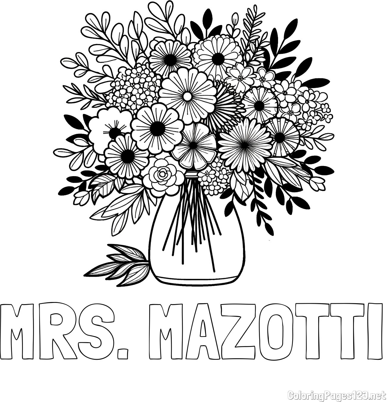 MRS. MAZOTTI Coloring Page and Flower Bouquet Coloring Page