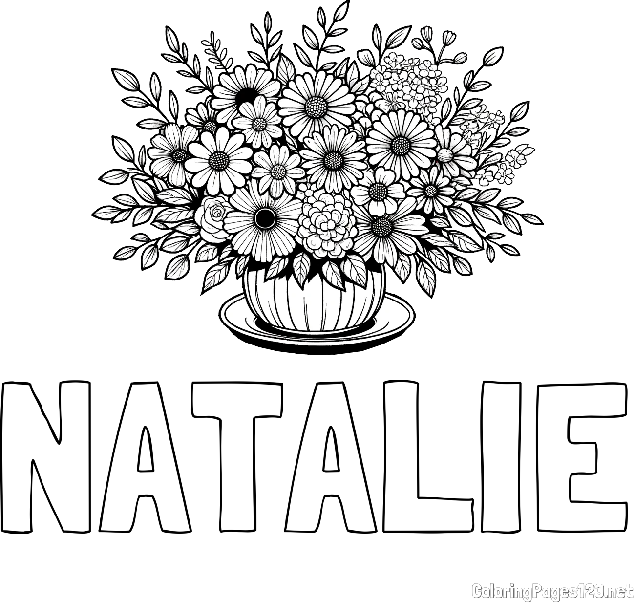 NATALIE Coloring Page and Beautiful Bouquet of Flowers Coloring Page