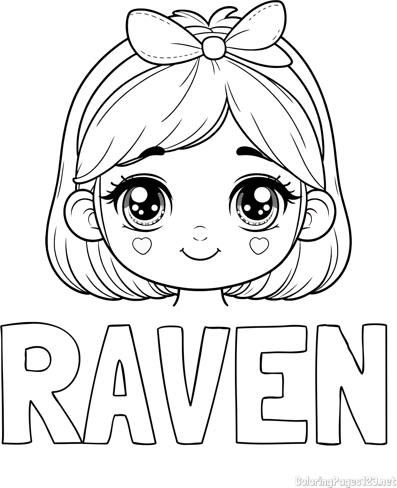 RAVEN Coloring Page and Cute Girl Face with Bow in Hair Coloring Page