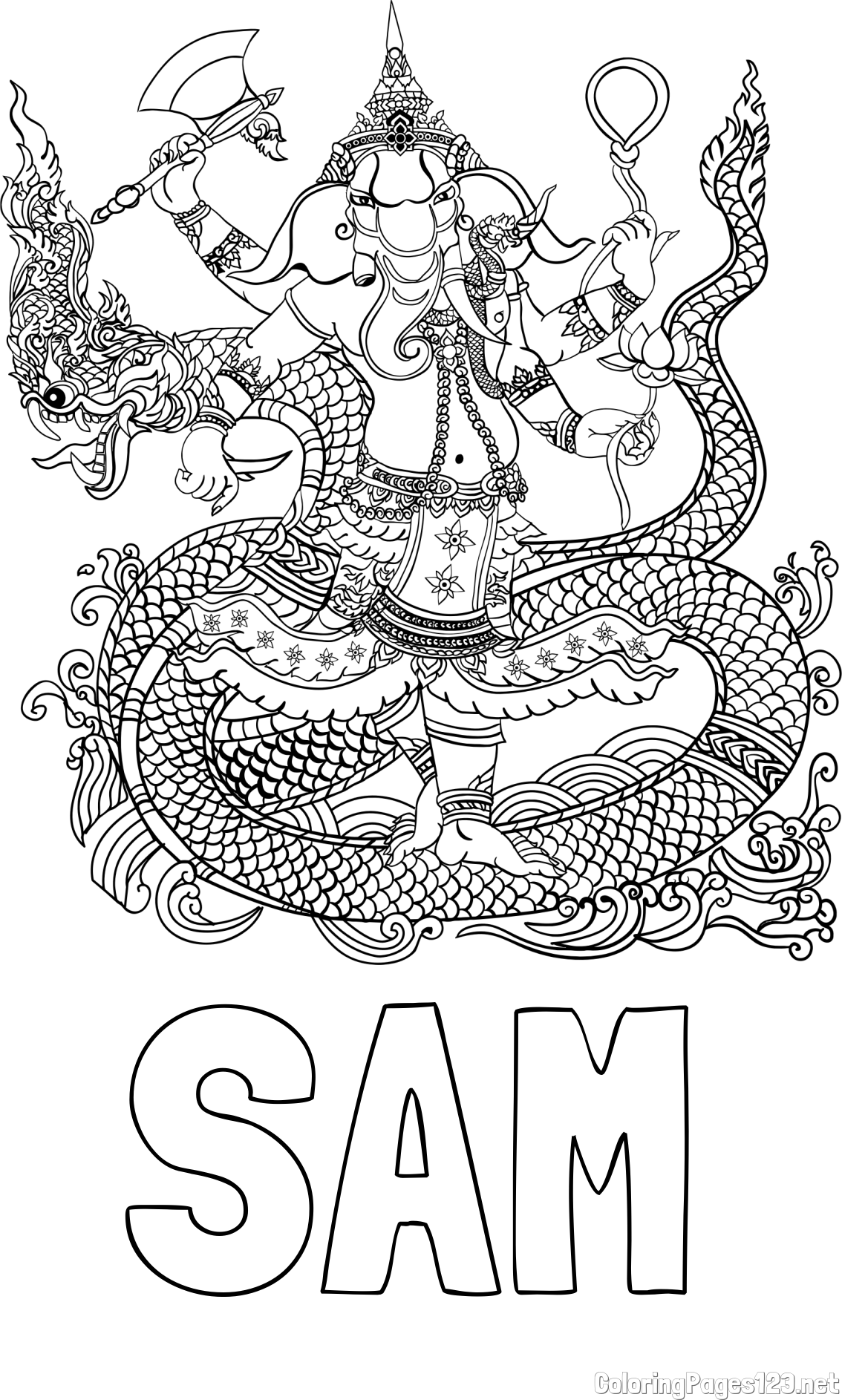 SAM Coloring Page and Abstract Elephant and Dragon Coloring Page