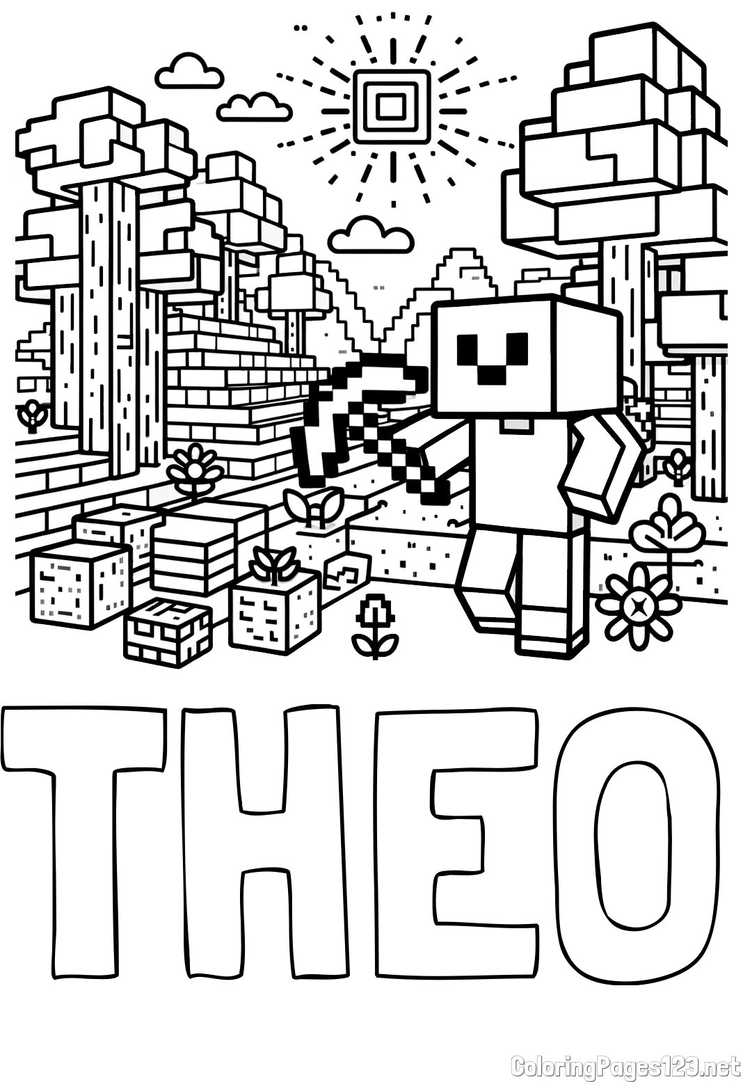 THEO Coloring Page and Minecraft World Coloring Page