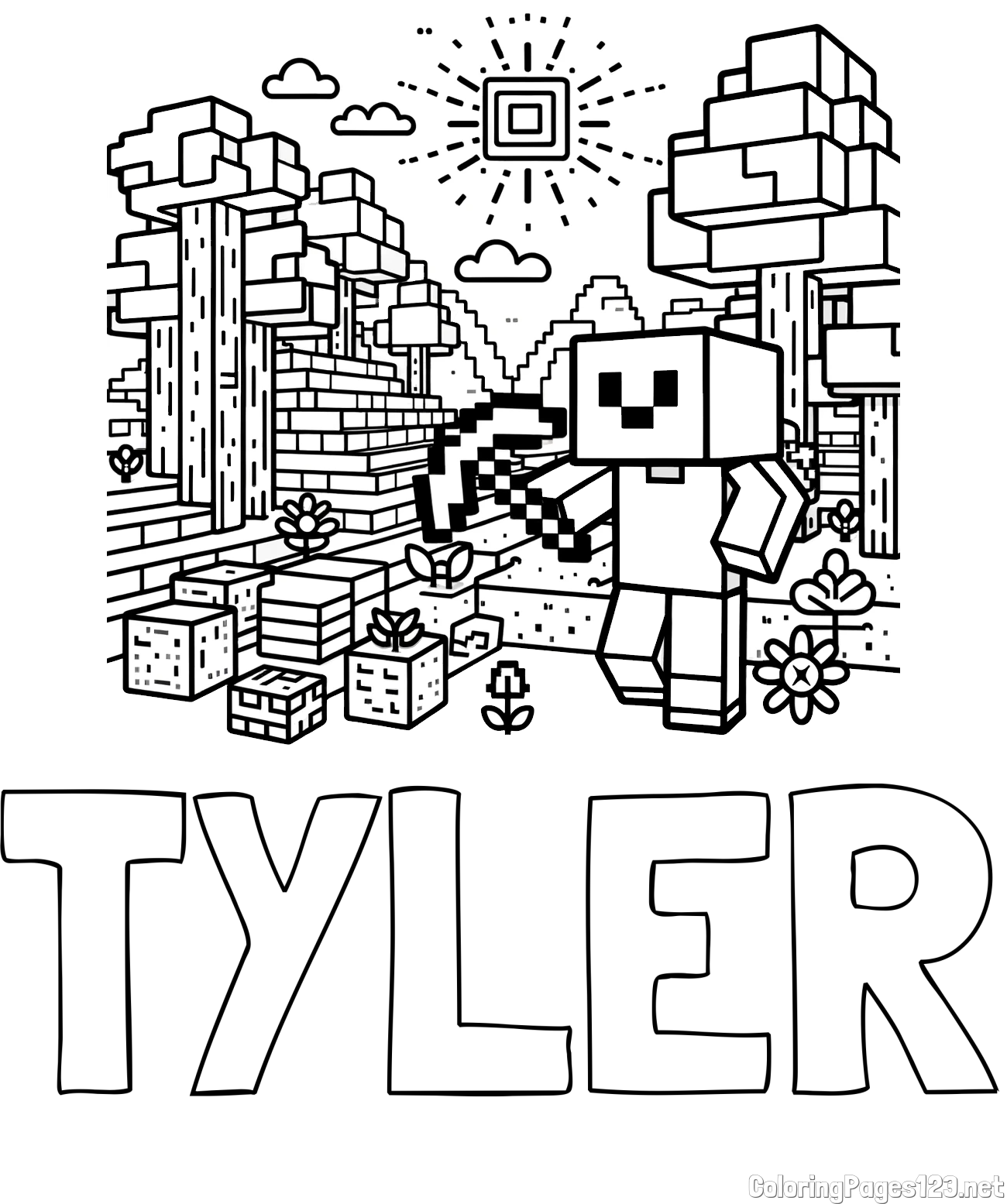 TYLER Coloring Page and Minecraft World Coloring Page