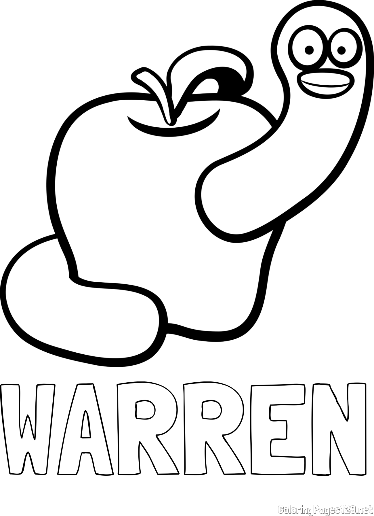 WARREN Coloring Page and Apple and Smiling Worm Coloring Page