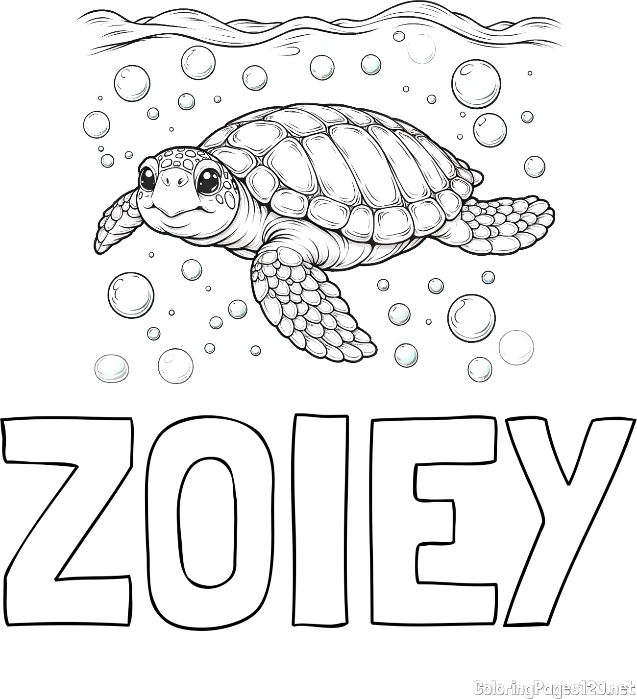 ZOIEY Coloring Page and Coloring Page of a Sea Turtle Swimming in the Ocean