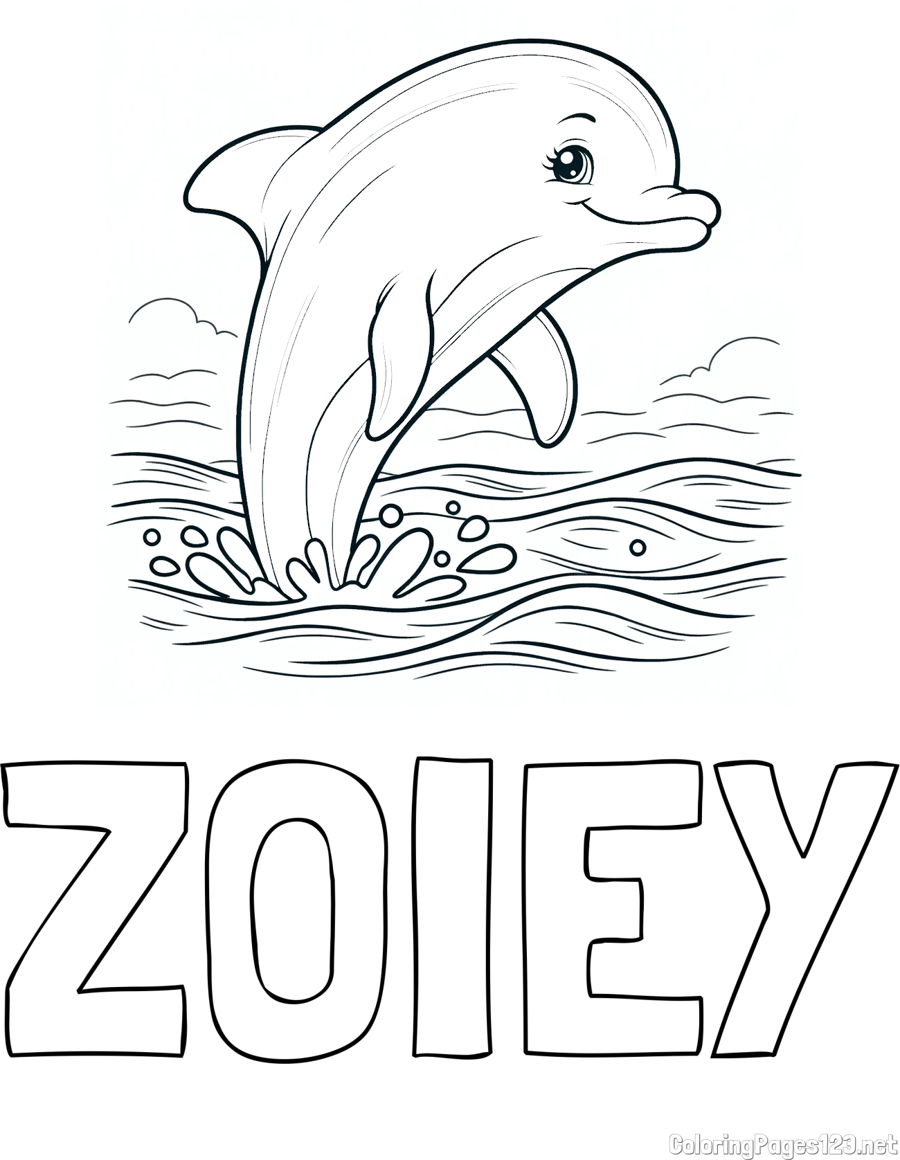 ZOIEY Coloring Page and Coloring Page of a Smiling Dolphin Jumping