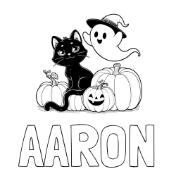 Online Created Coloring Page - AARON Coloring Page and Halloween Pumpkin Coloring Page for Kids - Happy Cat, Ghost, and Pumpkins