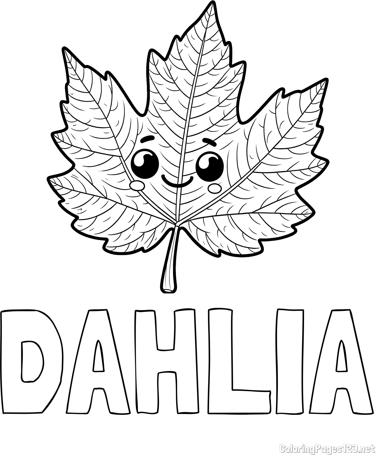 DAHLIA Coloring Page and Smiling Leaf Coloring Page for Kids