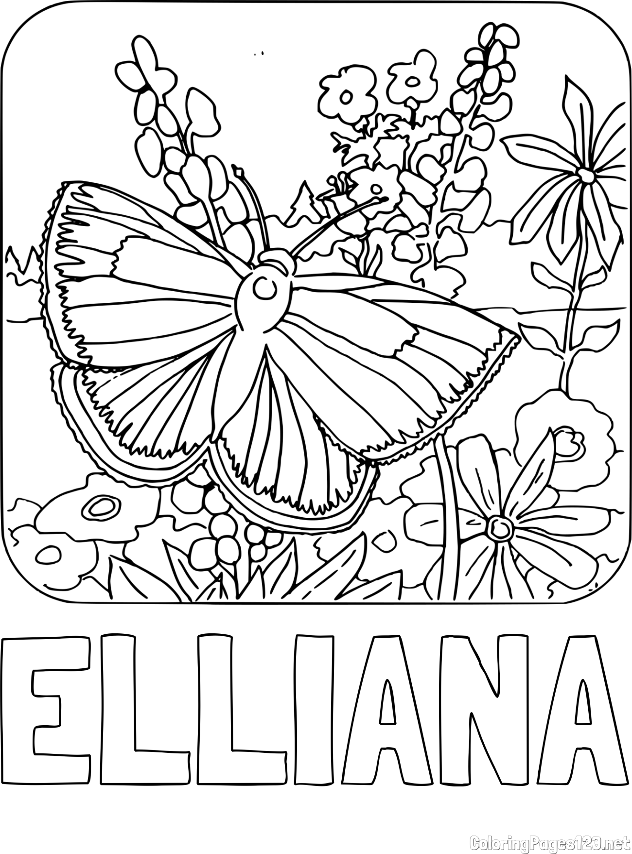 ELLIANA Coloring Page and Butterfly on Flower Coloring Page