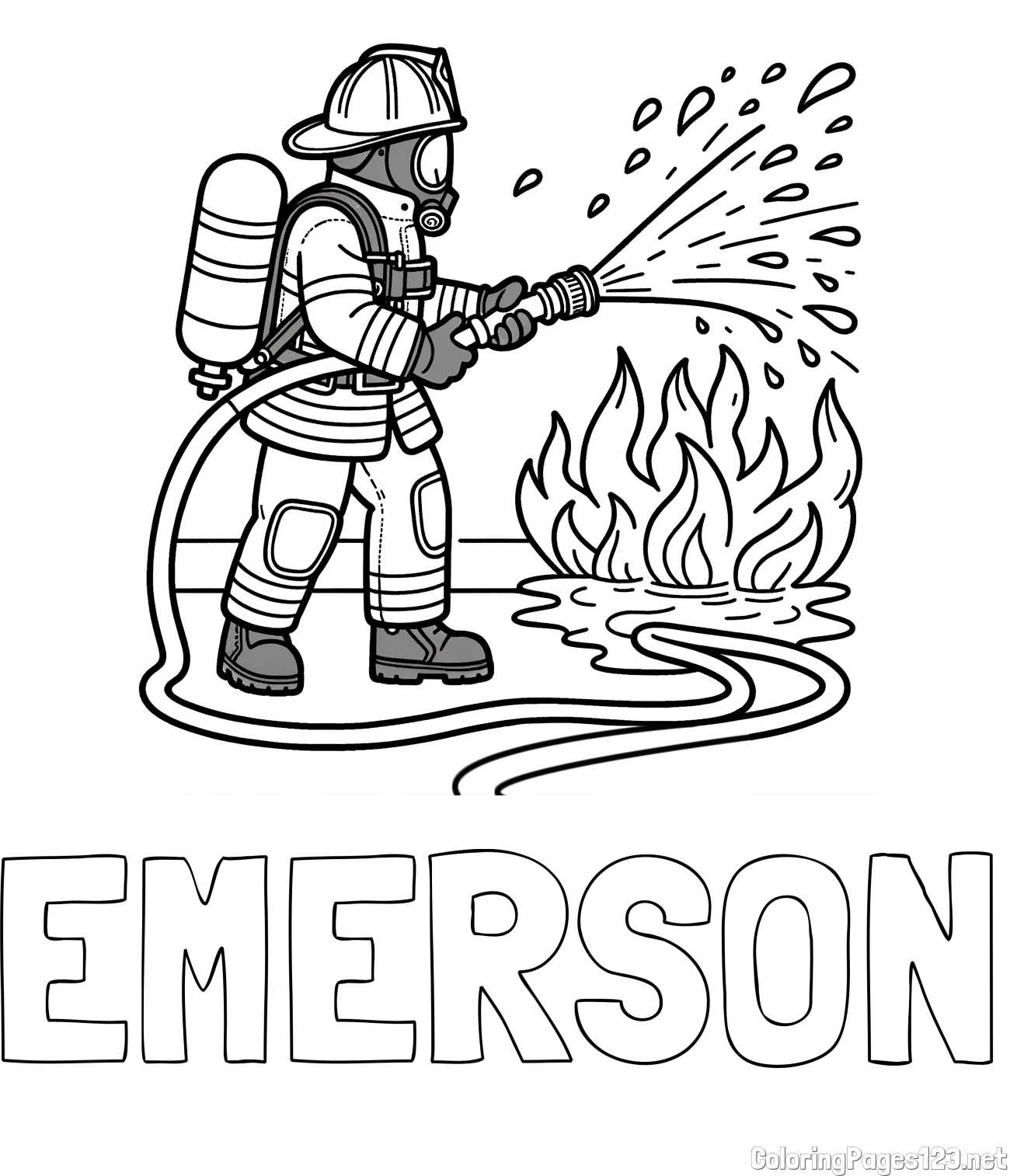 EMERSON Coloring Page and A coloring page of a firefighter and a big fire