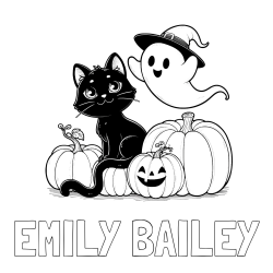 Online Created Coloring Page - EMILY BAILEY Coloring Page and Halloween Pumpkin Coloring Page for Kids - Happy Cat, Ghost, and Pumpkins