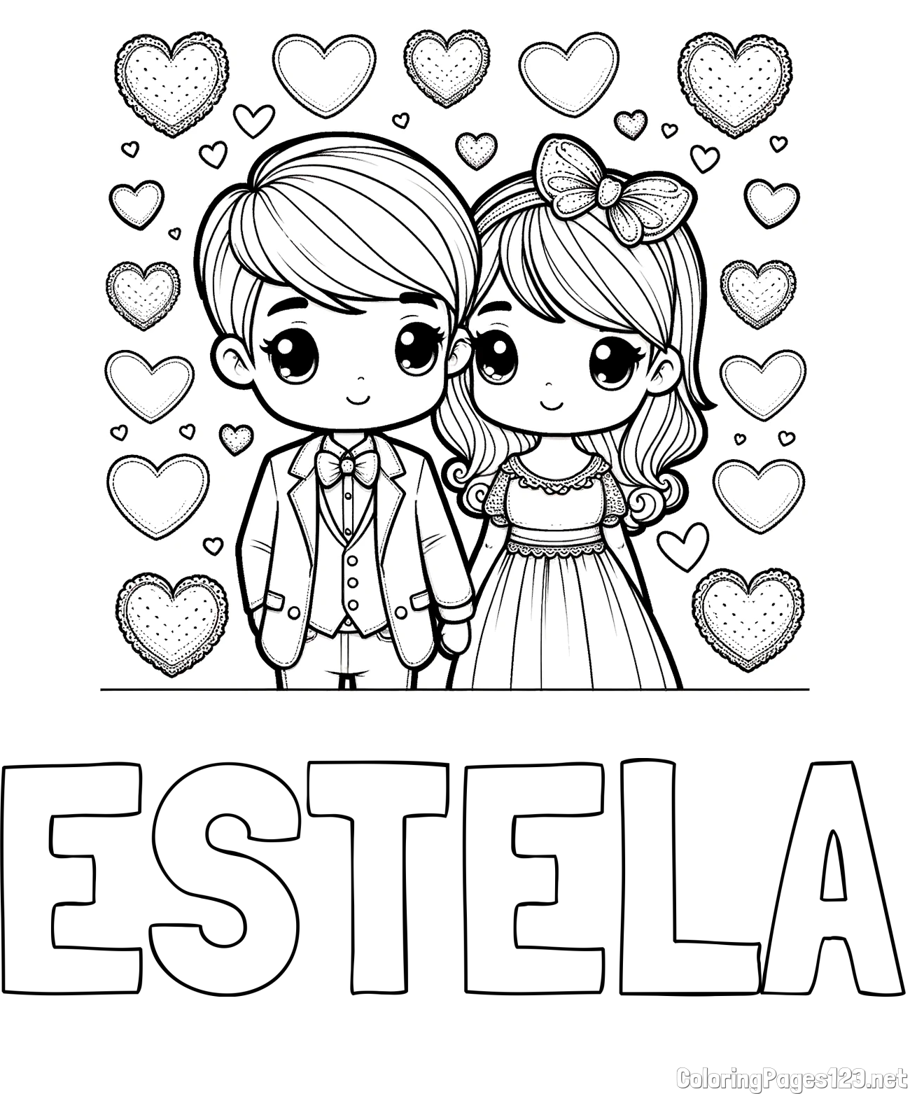 ESTELA Coloring Page and Coloring Page of a Couple Surrounded by Hearts