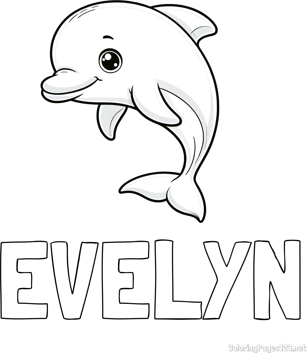 EVELYN Coloring Page and Children's Coloring Book of a Cute Dolphin