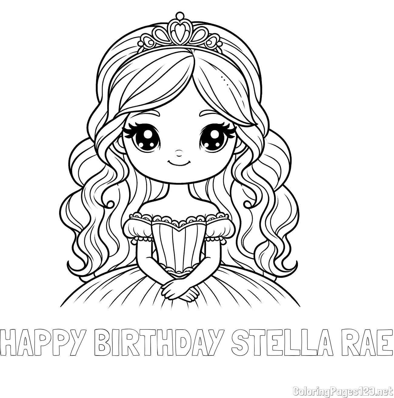 HAPPY BIRTHDAY STELLA RAE Coloring Page and Coloring Page of a Cute Princess with Big Eyes