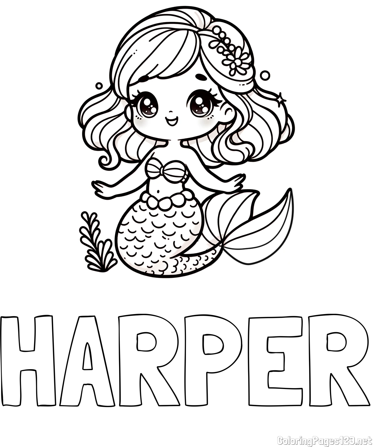 HARPER Coloring Page and Coloring Page of a Charming Mermaid
