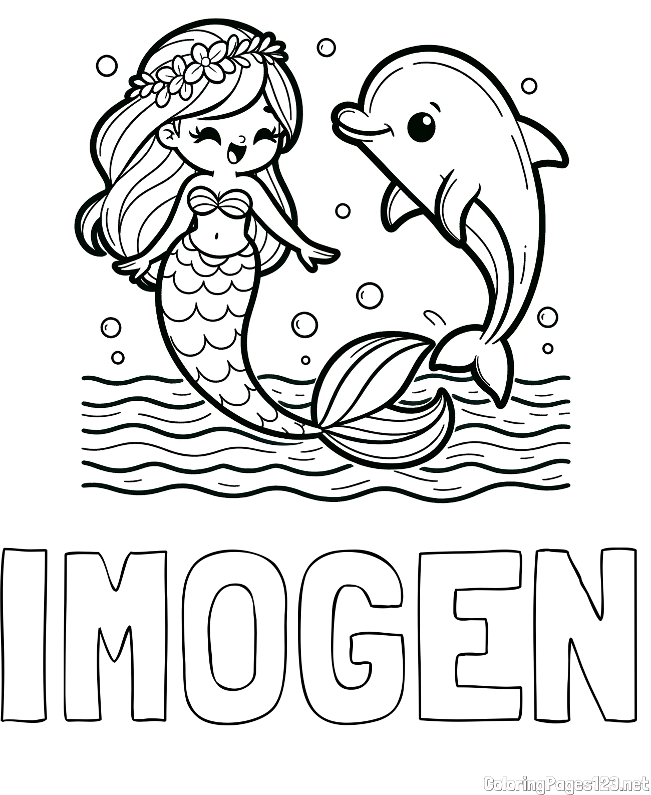 IMOGEN Coloring Page and Coloring Page of a Cute Mermaid Dancing with a Dolphin