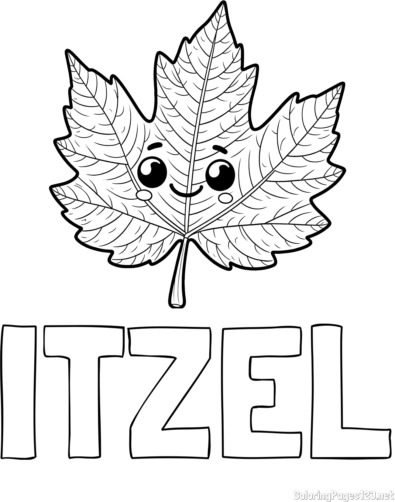ITZEL Coloring Page and Smiling Leaf Coloring Page for Kids
