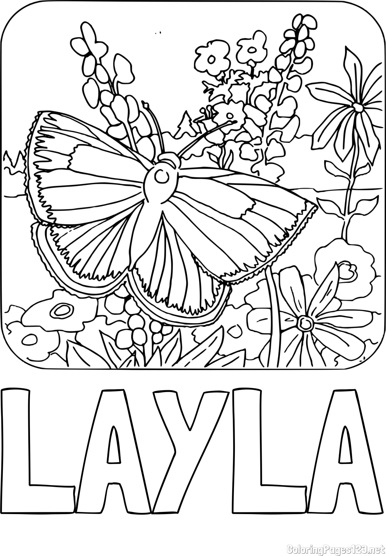 LAYLA Coloring Page and Butterfly on Flower Coloring Page