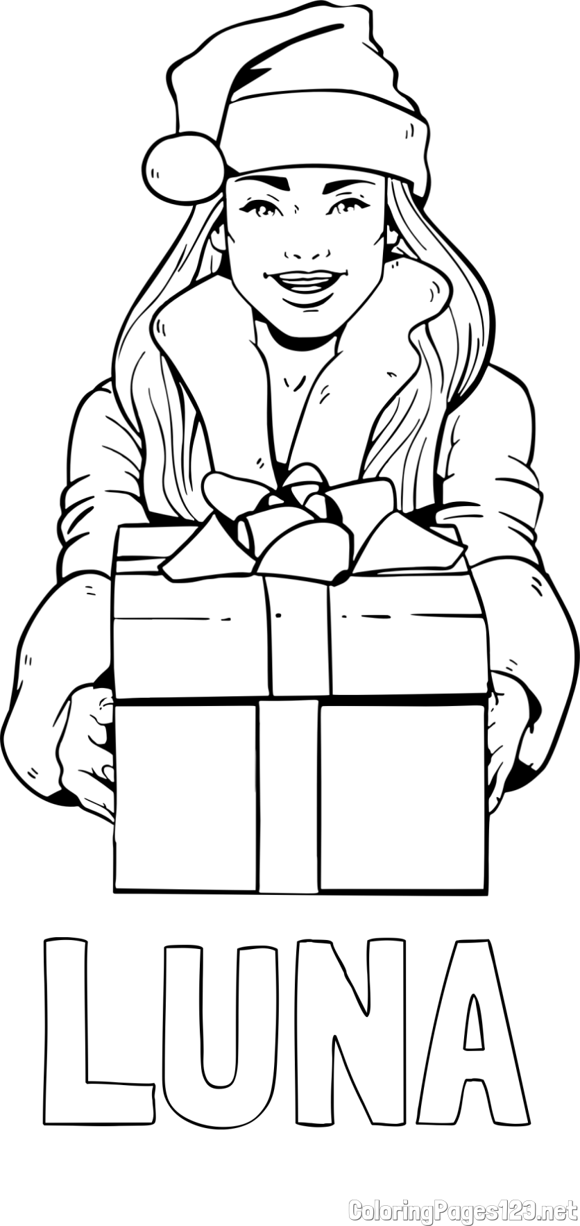 LUNA Coloring Page and Coloring Page of a Woman with a Christmas Present