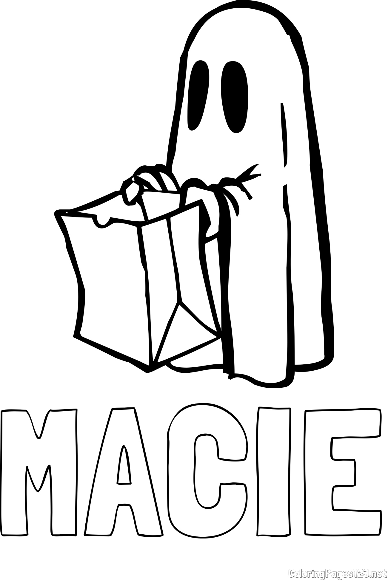MACIE Coloring Page and Ghost with a Candy Bag Coloring Page