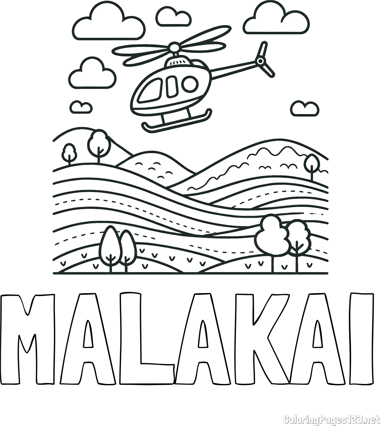MALAKAI Coloring Page and Easy Coloring Page of a Flying Helicopter
