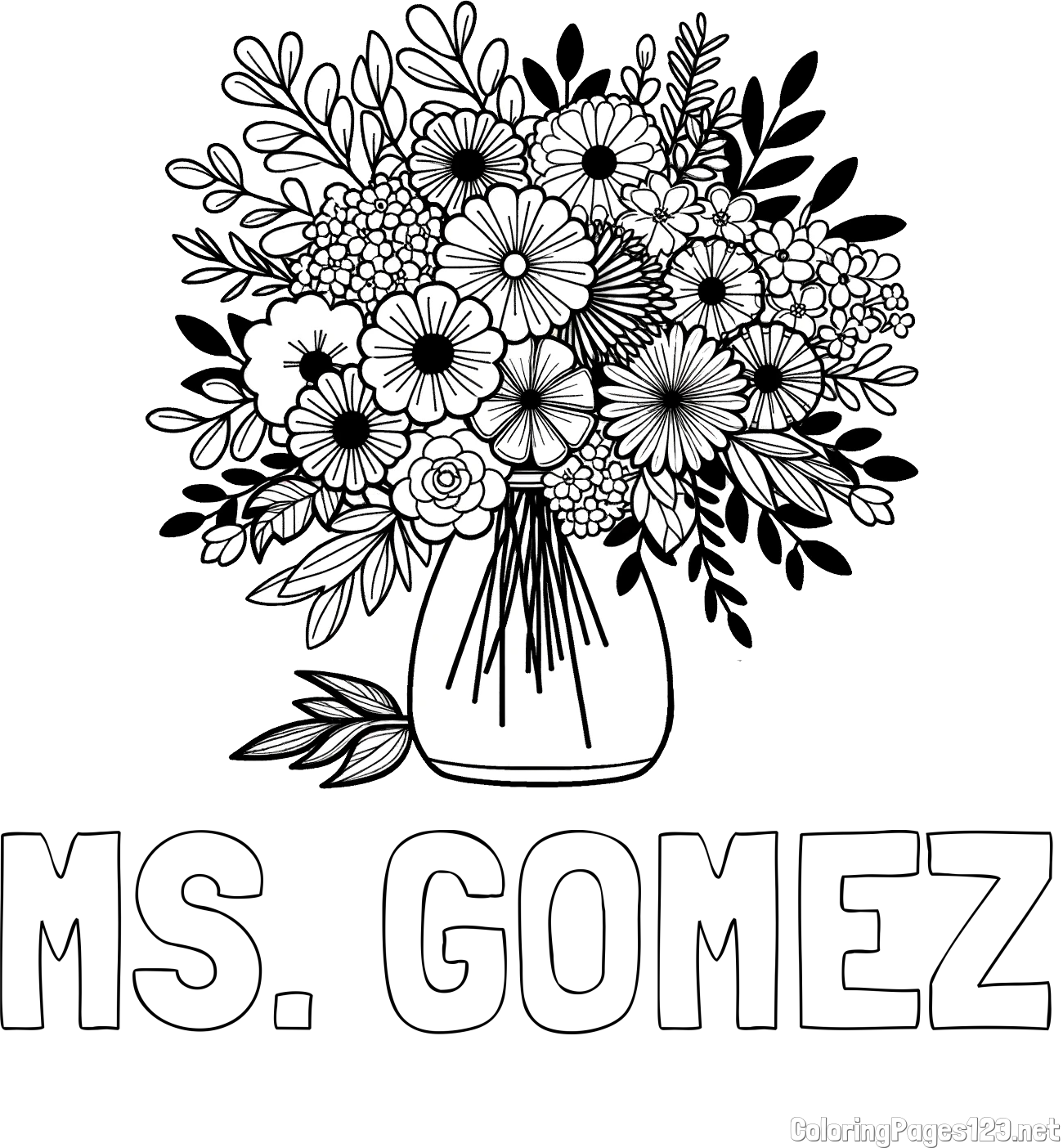 MS. GOMEZ Coloring Page and Flower Bouquet Coloring Page