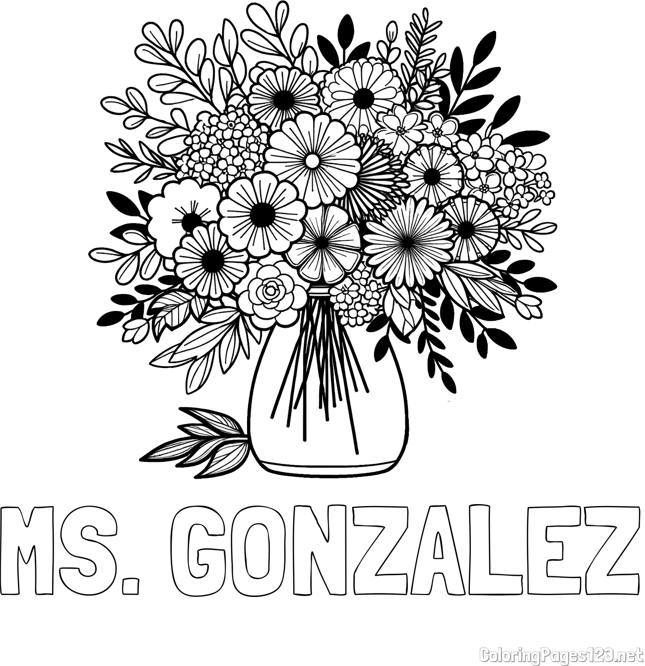 MS. GONZALEZ Coloring Page and Flower Bouquet Coloring Page