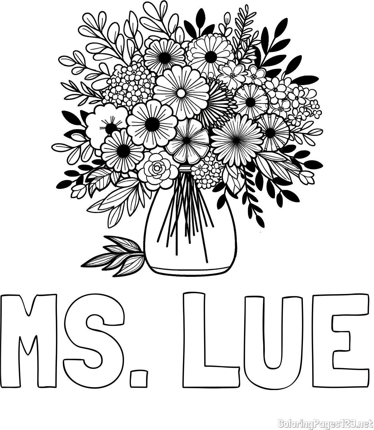 MS. LUE Coloring Page and Flower Bouquet Coloring Page
