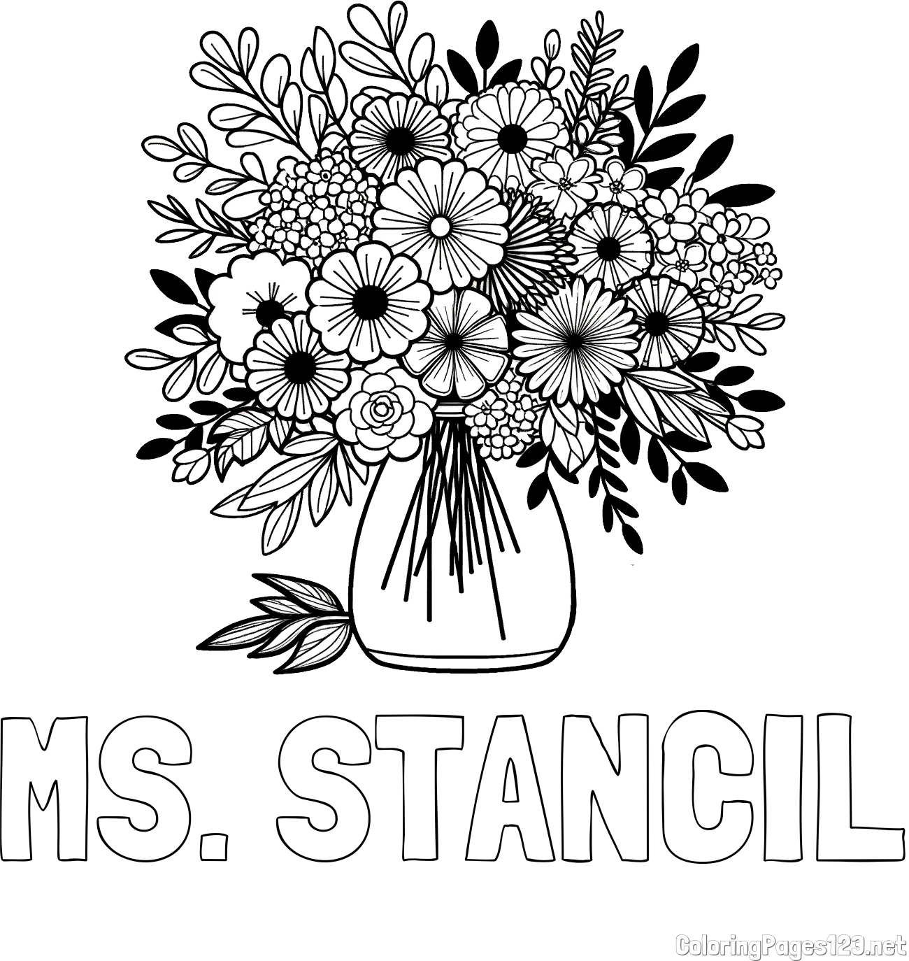 MS. STANCIL Coloring Page and Flower Bouquet Coloring Page