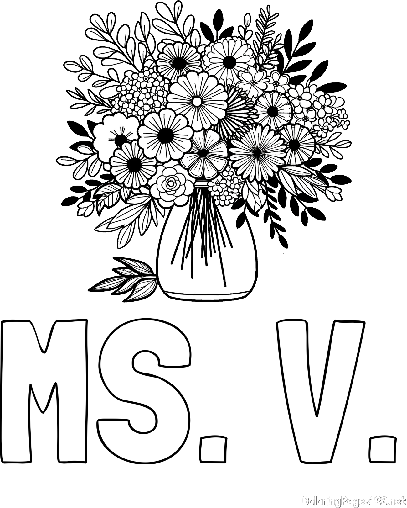 MS. V. Coloring Page and Flower Bouquet Coloring Page