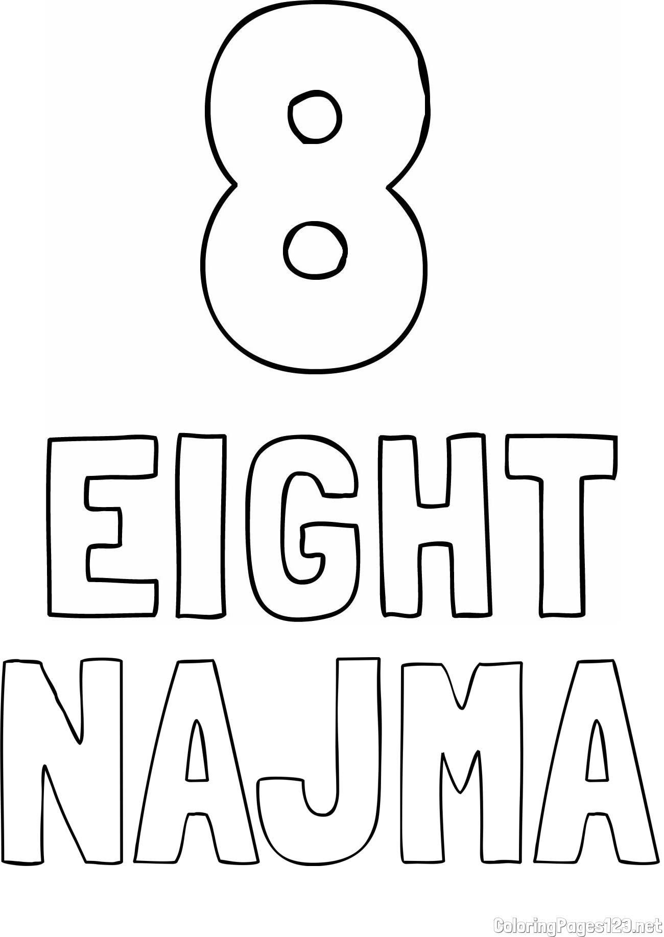 NAJMA Coloring Page and Coloring of the Number Eight (8) with the Written Name
