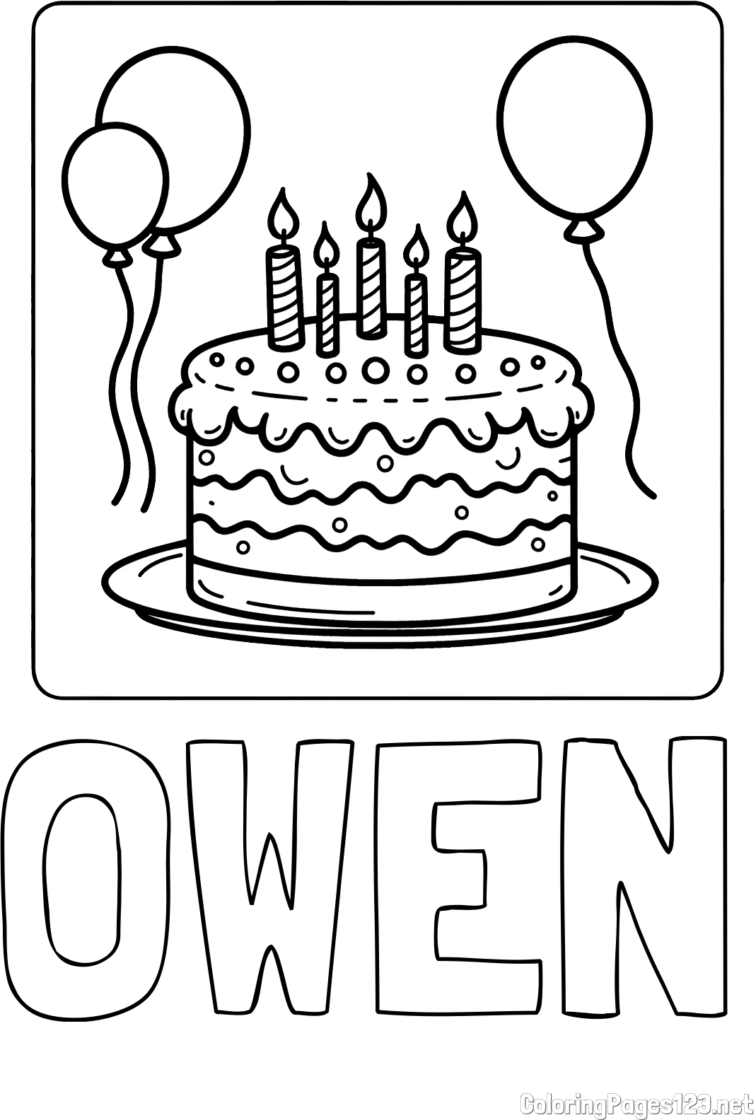 OWEN Coloring Page and 5th Birthday Cake Coloring Page