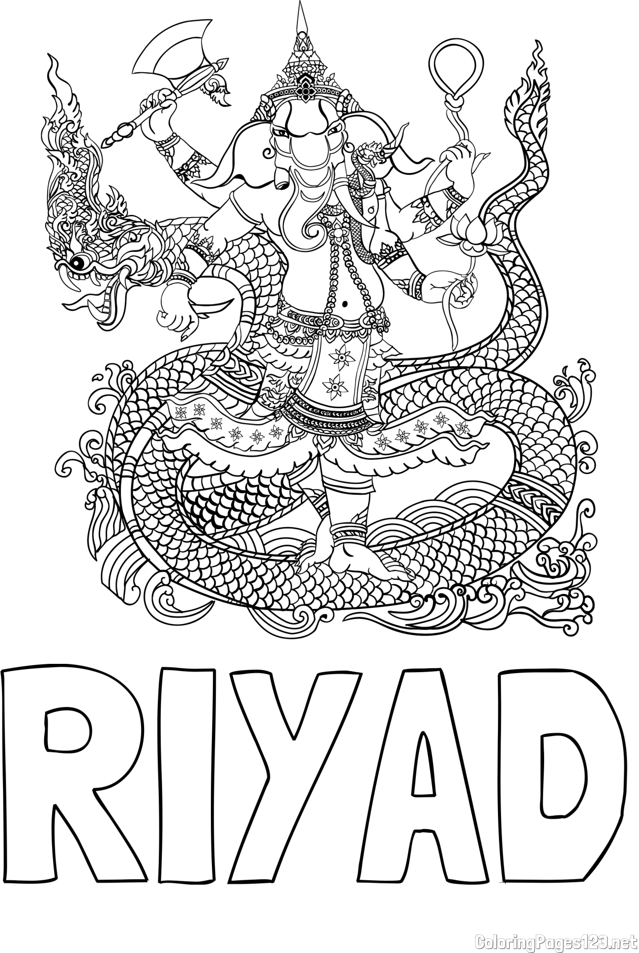 RIYAD Coloring Page and Abstract Elephant and Dragon Coloring Page
