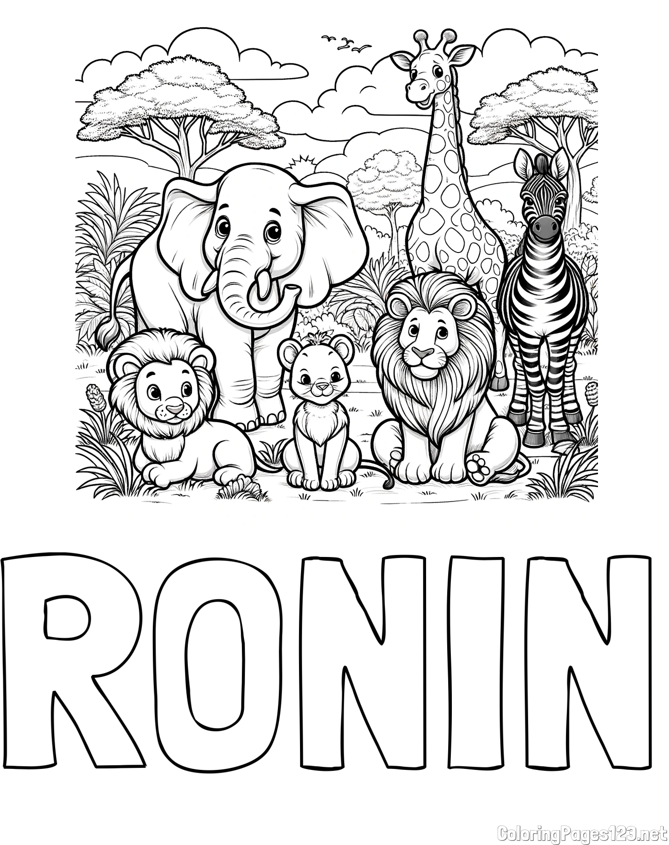 RONIN Coloring Page and Beautiful Animal Coloring Page - Lion Family, Elephant, Giraffe, and Zebra
