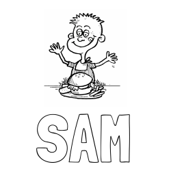 Online Created Coloring Page - SAM Coloring Page and Child Eating a Hamburger Coloring Page -