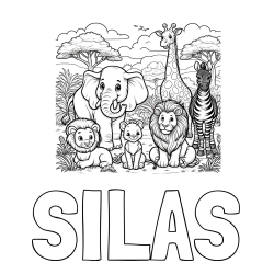 Online Created Coloring Page - SILAS Coloring Page and Beautiful Animal Coloring Page - Lion Family, Elephant, Giraffe, and Zebra