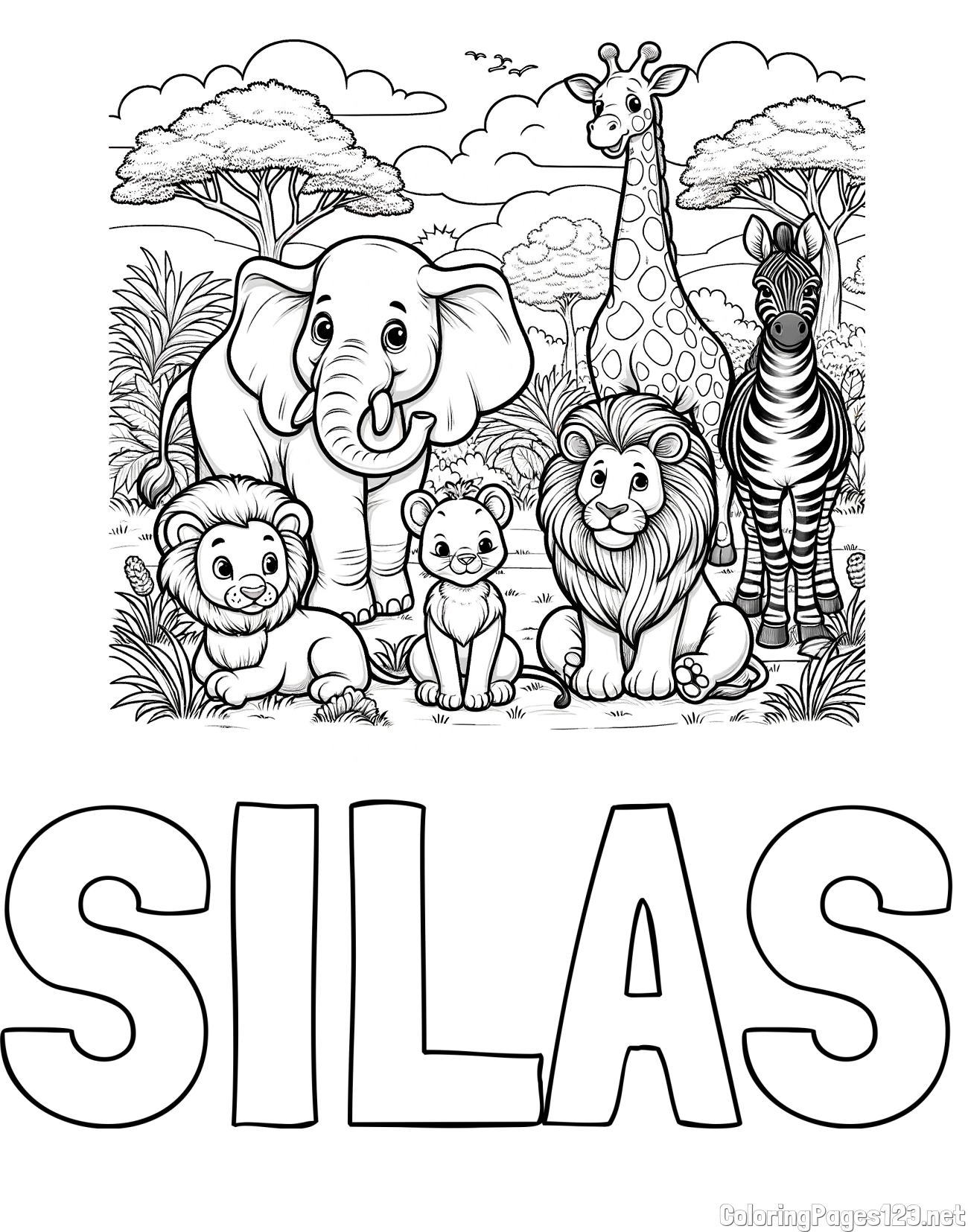 SILAS Coloring Page and Beautiful Animal Coloring Page - Lion Family, Elephant, Giraffe, and Zebra