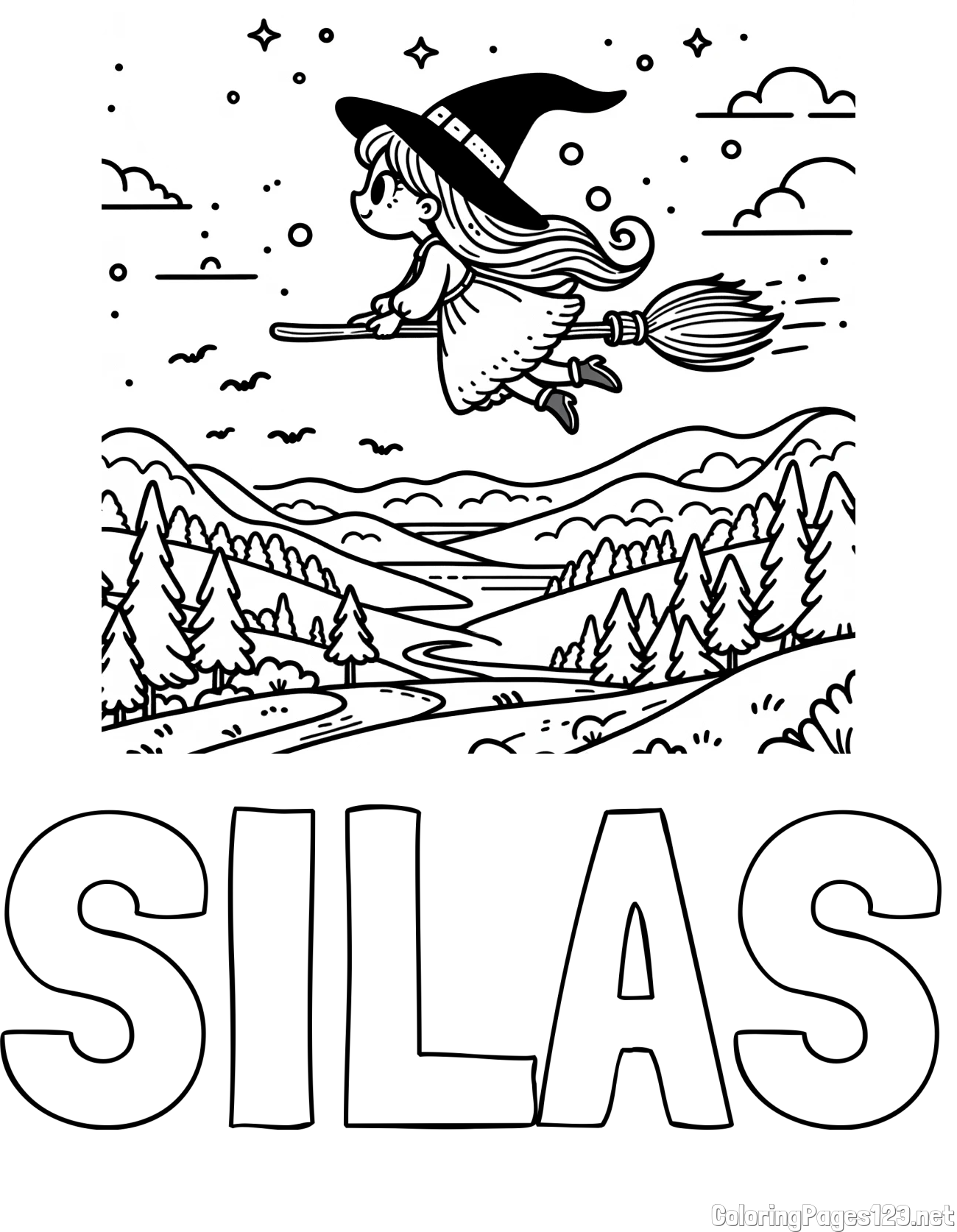 SILAS Coloring Page and Coloring Book of a Witch Flying on a Broom